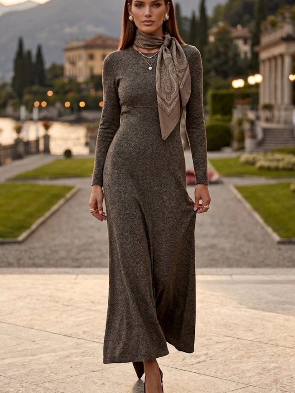 All That Jazz Vintage Brown Marled Knit Long Sleeve Empire Waist Maxi Dress